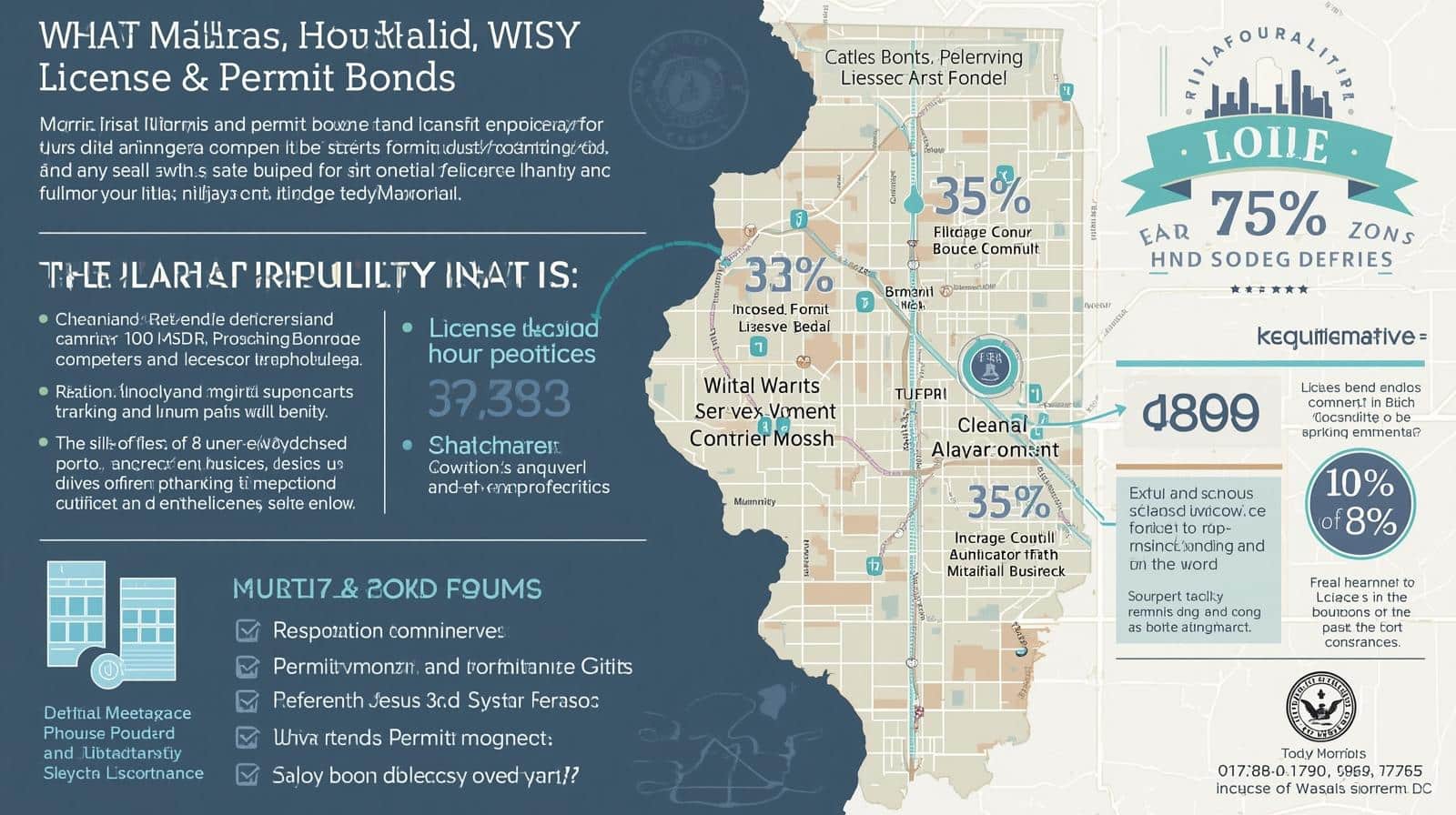 Infographic showing Morris, IL license and permit bond requirements with statistics, a city map, and compliance details.
