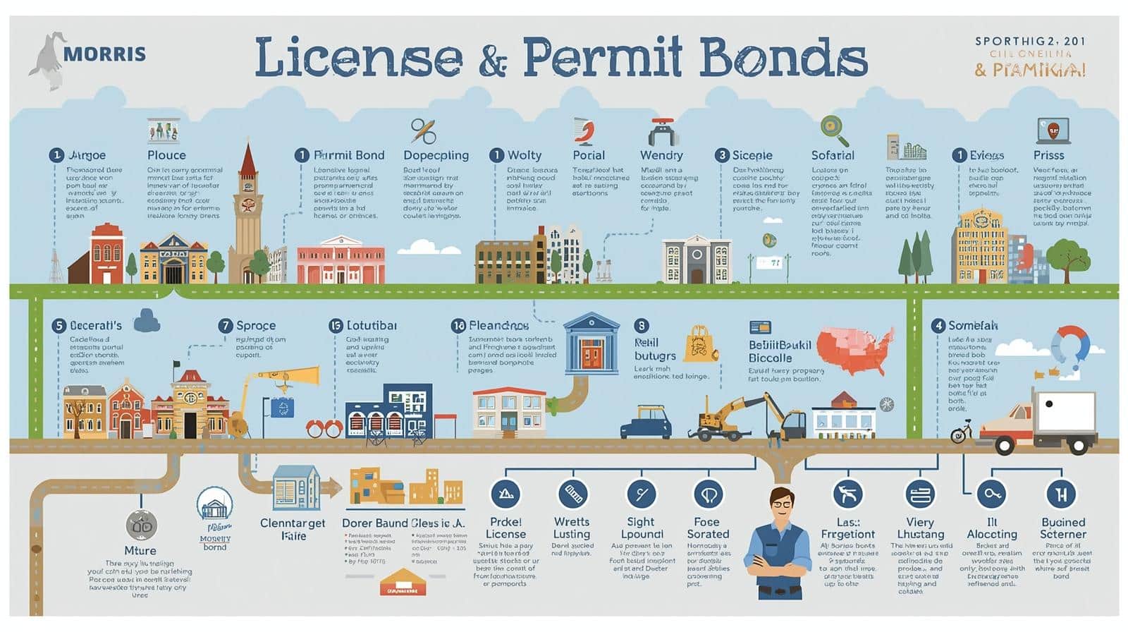 Illustrated cityscape infographic explaining different types of license and permit bonds in Morris, IL.