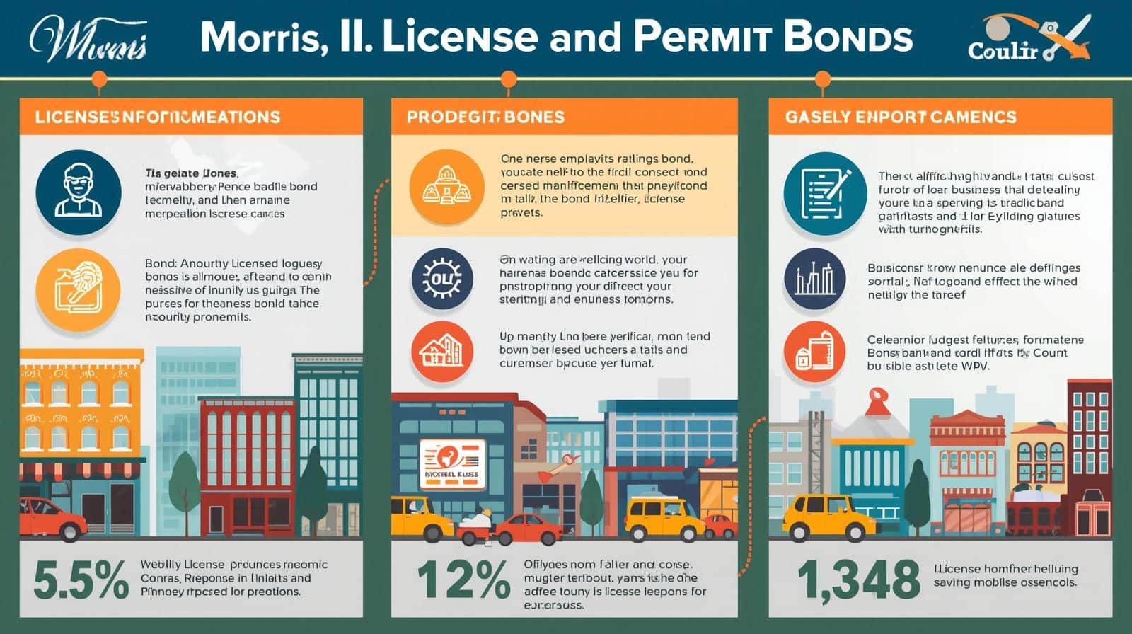 Colorful infographic breaking down Morris, IL license and permit bonds with benefits, compliance, and bond purposes.