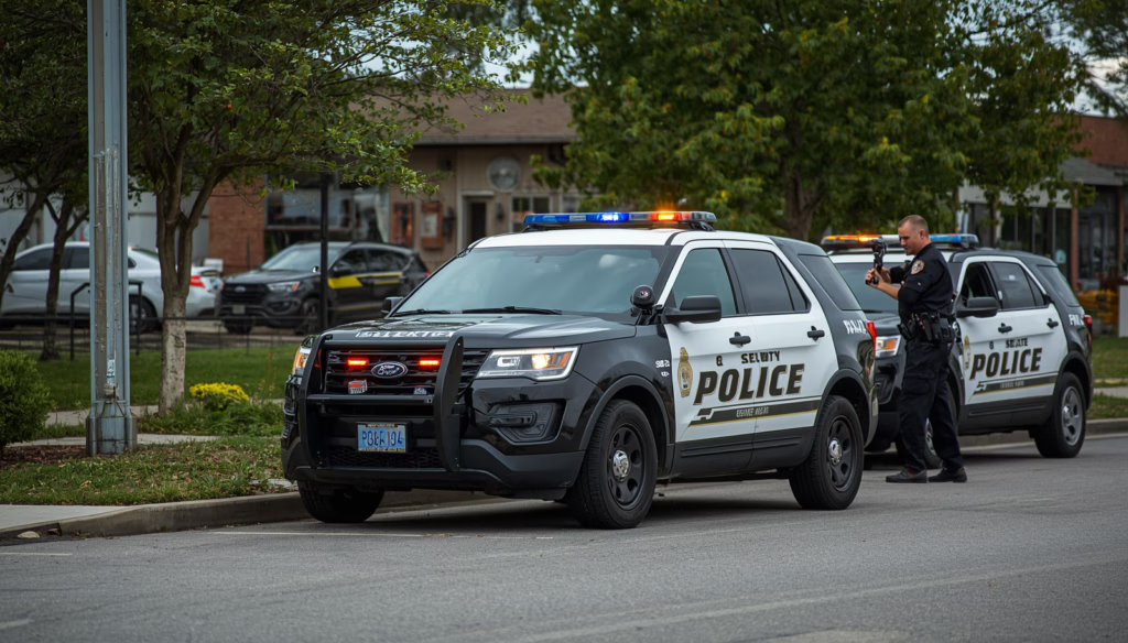 Private patrol officer conducting neighborhood security patrol beside police-style SUV for City of Los Angeles private patrol service bond compliance.
