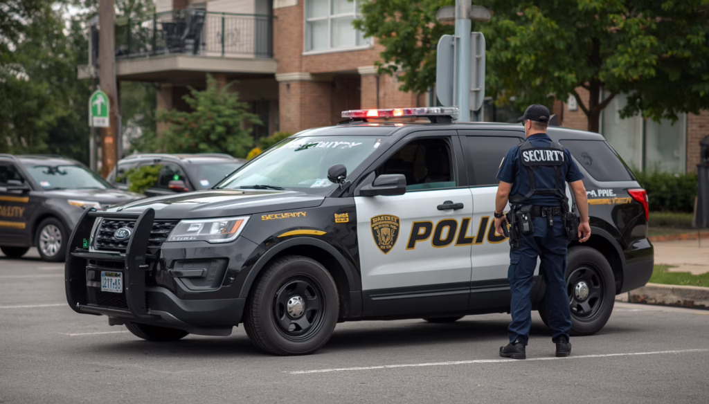 Security officer wearing patrol vest standing near marked patrol vehicles during licensed private patrol service operations in Los Angeles, California.