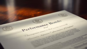 Professional performance bond document on desk representing Arkansas Supreme Court license agreement compliance and financial assurance.