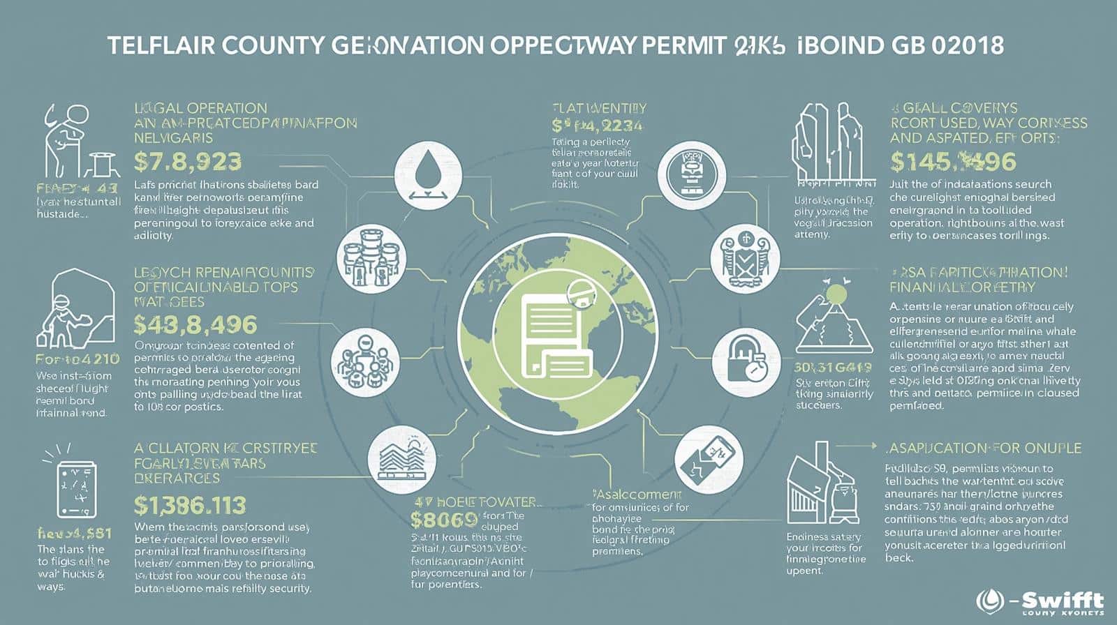 A teal-colored infographic about Telfair County Georgia Operation Right-of-Way Permit bonds, featuring a central globe surrounded by icons and financial figures including $78,923, $43,496, and $1386,113.