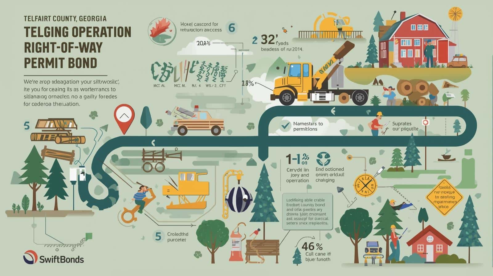 A colorful illustrated infographic showing Telfair County Georgia's right-of-way permit bond process with a winding road, construction vehicles, trees, buildings, and various statistics and percentages scattered throughout the rural landscape.