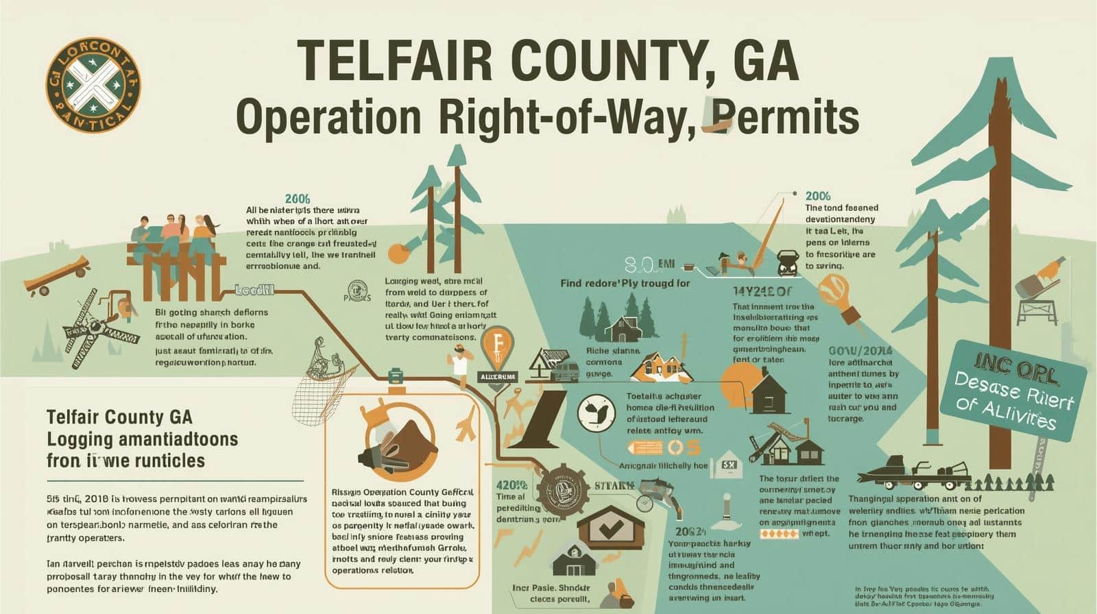 A detailed infographic map of Telfair County, GA operation right-of-way permits featuring logging operations, outdoor activities, statistics, and various illustrated elements including trees, buildings, and recreational scenes with accompanying text descriptions.