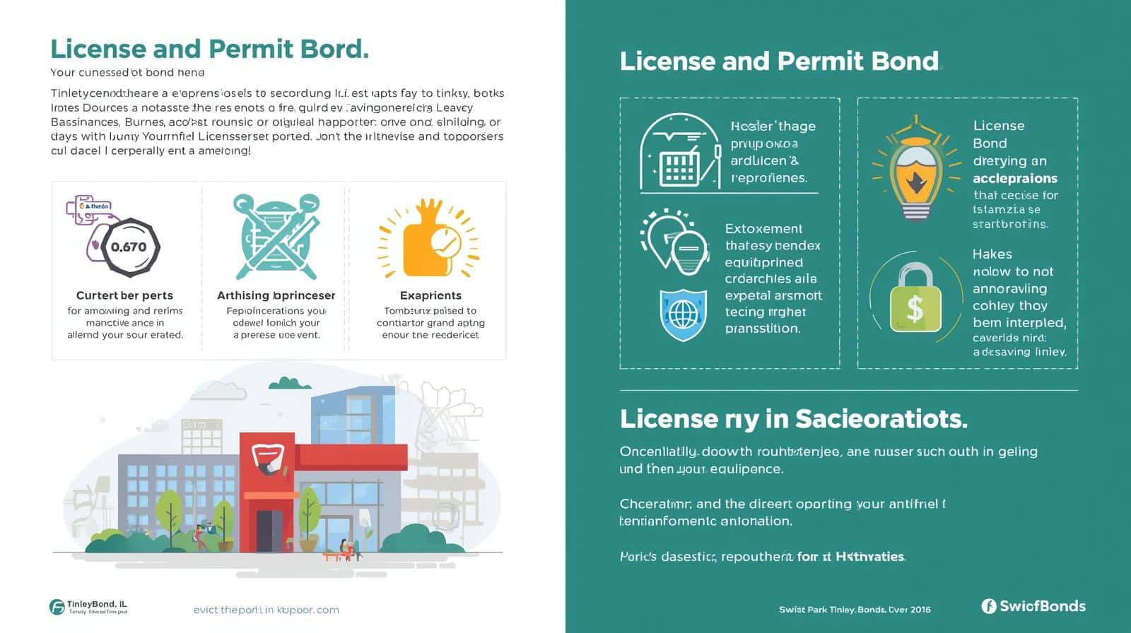 Infographic explaining Tinley Park, IL license and permit bond requirements, benefits, and licensing process.