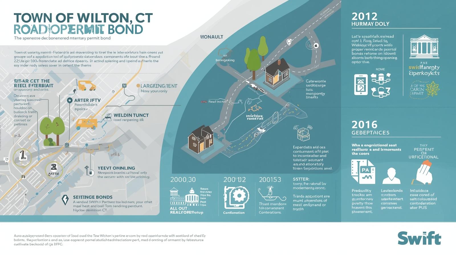 Map-based infographic showing steps, conditions, and history of the Town of Wilton, CT Road Opening Permit Bond.