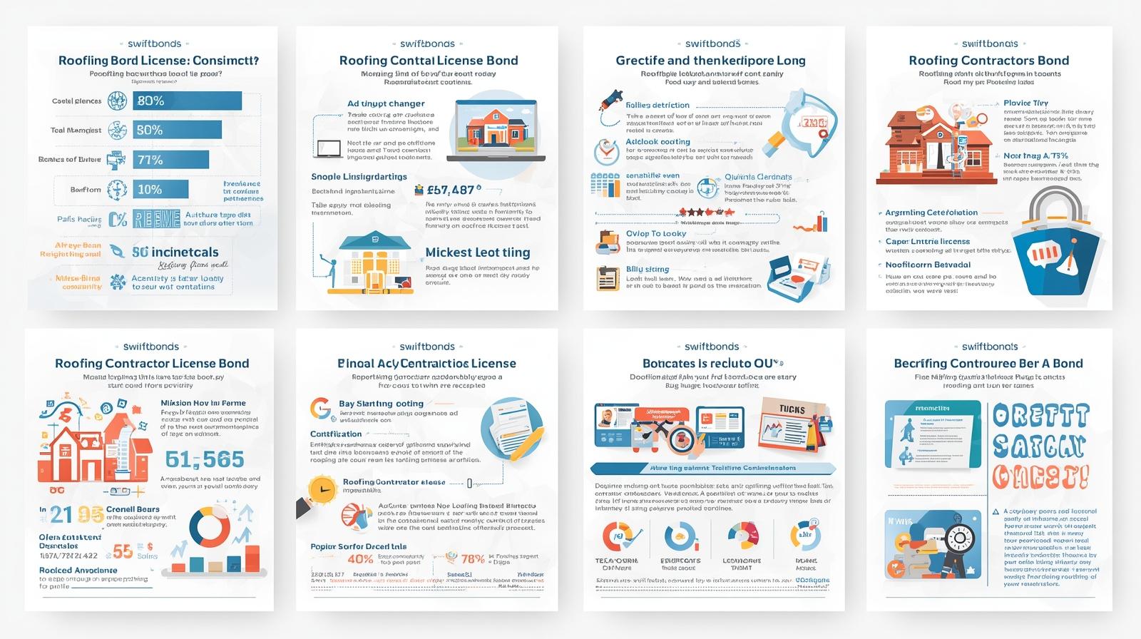Multi-panel infographic covering roofing contractor license bonds with statistics, processes, and contractor obligations.