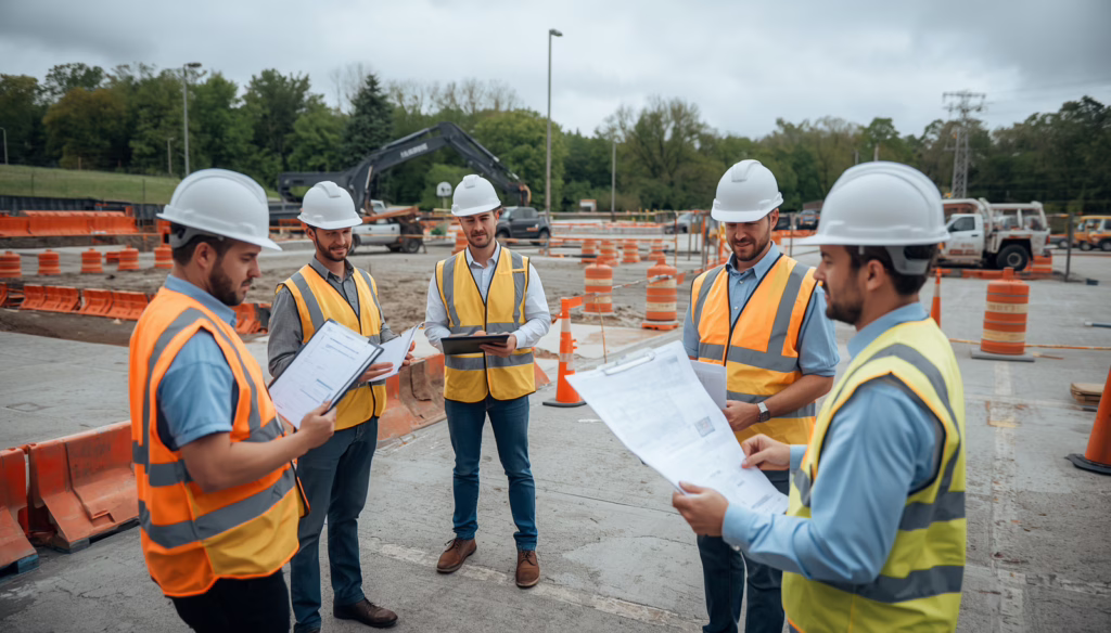 El Paso County, CO Permit Compliance Bond contractors reviewing permit documents and compliance requirements at an active construction site