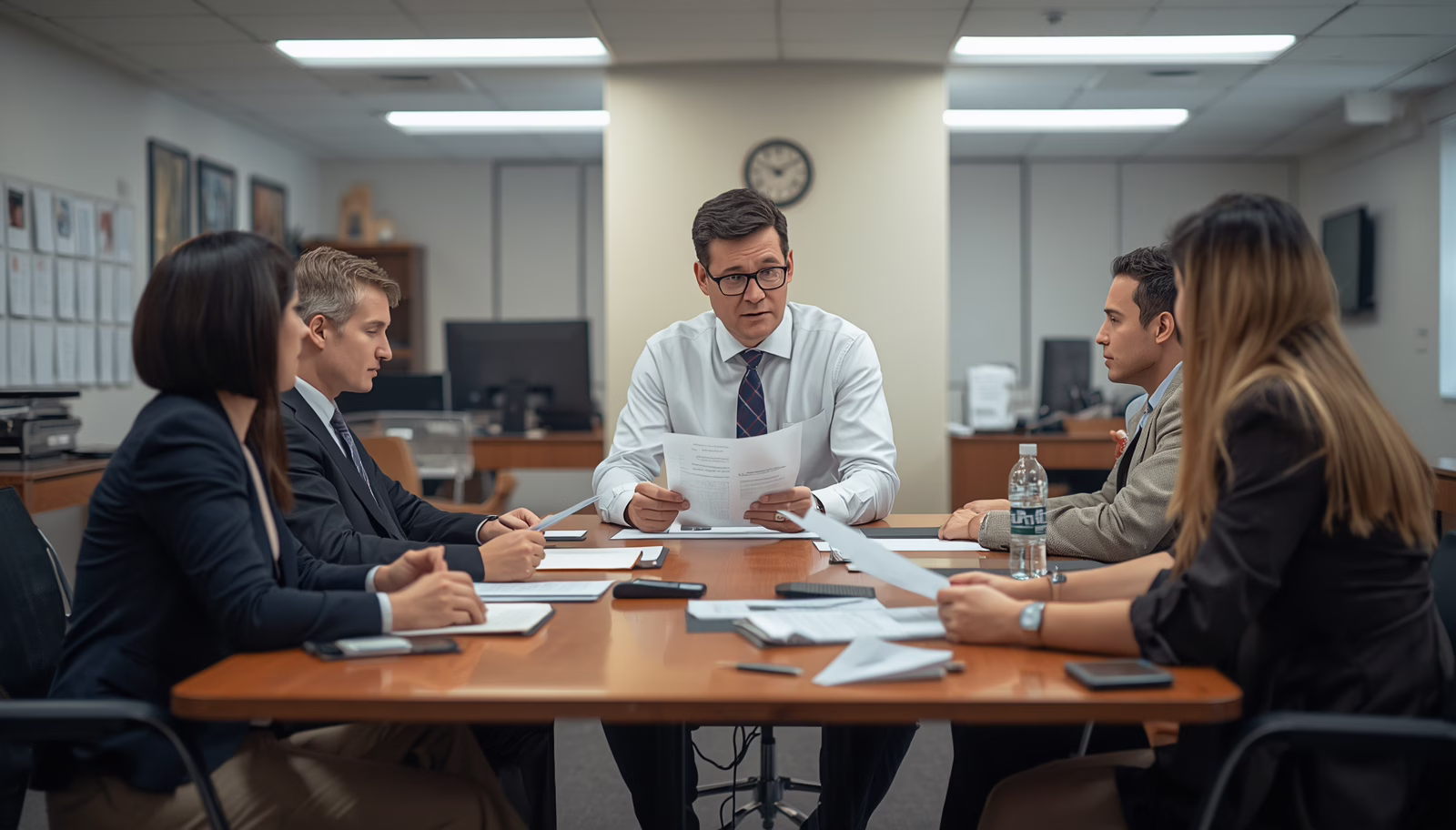 Colorado public official bond boardroom meeting with public officials examining governance policies, ethical obligations, and surety bond requirements.
