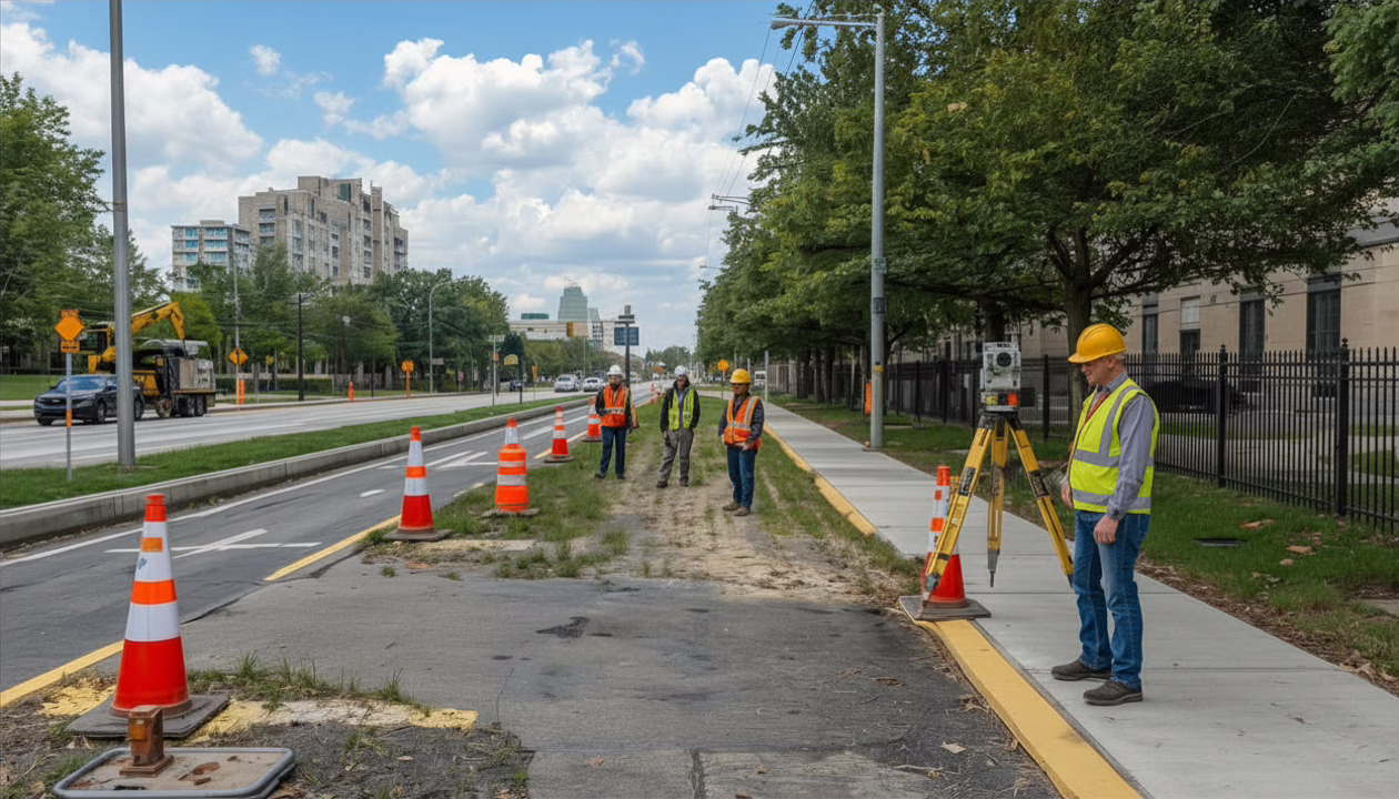 Fort Collins CO Right of Way $20,000 bond worksite featuring survey crews, traffic safety equipment, and public infrastructure improvements along a city corridor.