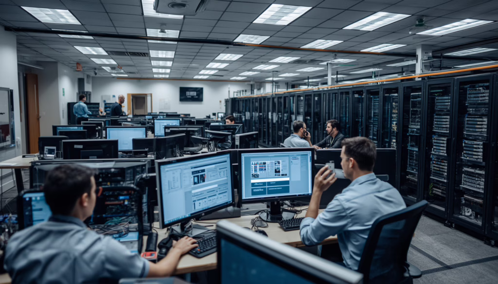 Advanced telecommunications network operations center with engineers overseeing network performance and data systems for CLEC providers.