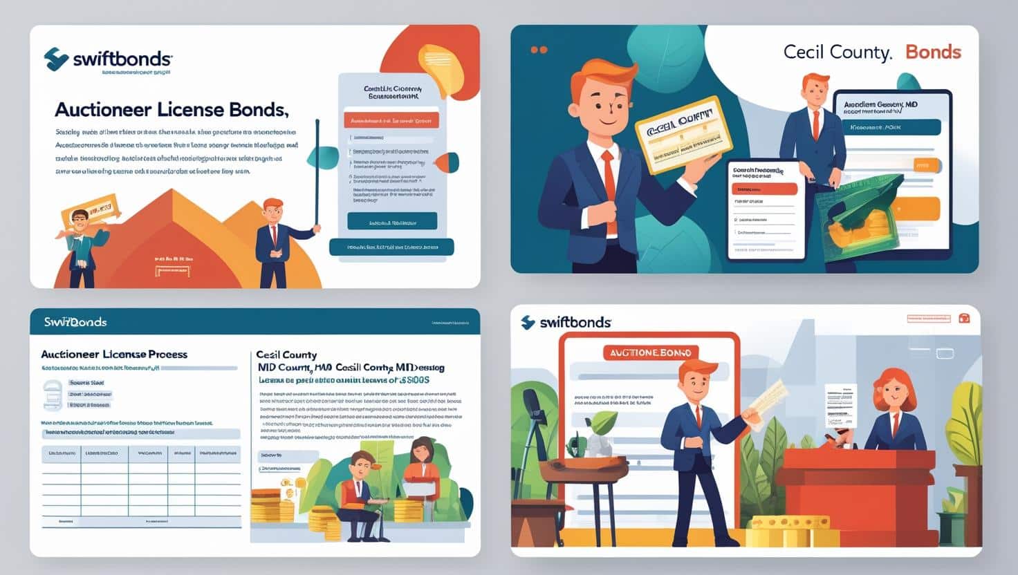 Illustrated guide explaining Cecil County, MD auctioneer license bond requirements and application process.