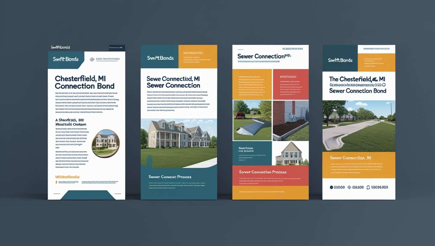 Vertical brochure layouts showcasing the Chesterfield Township, MI Sewer Connection Bond process, requirements, and images of local neighborhoods.