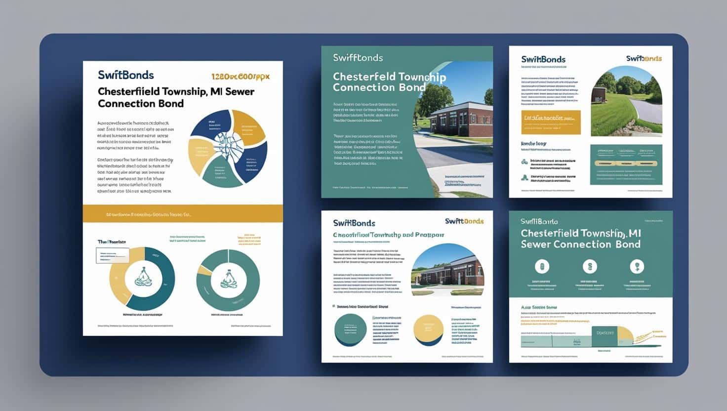 Infographic and brochure designs detailing the Chesterfield Township, MI Sewer Connection Bond with charts and visuals.
