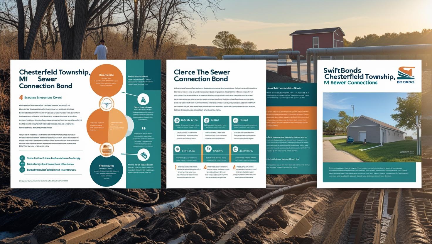 Sewer infrastructure-themed informational panels explaining Chesterfield Township’s Sewer Connection Bond process and benefits.