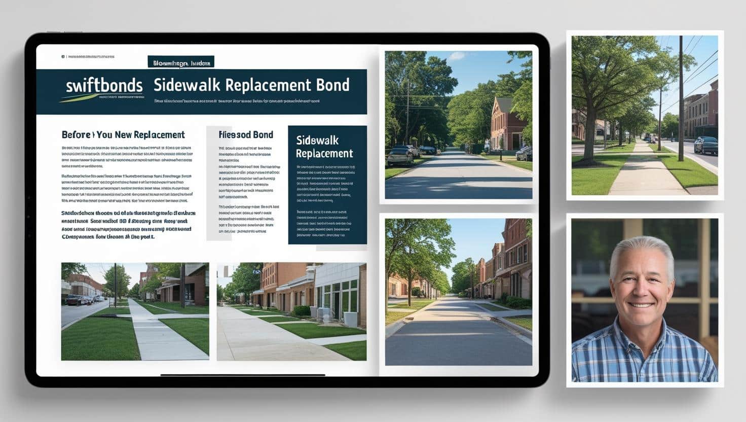 Tablet and photo collage showcasing SwiftBonds’ City of Bloomington, IN sidewalk replacement bond details with city street views.