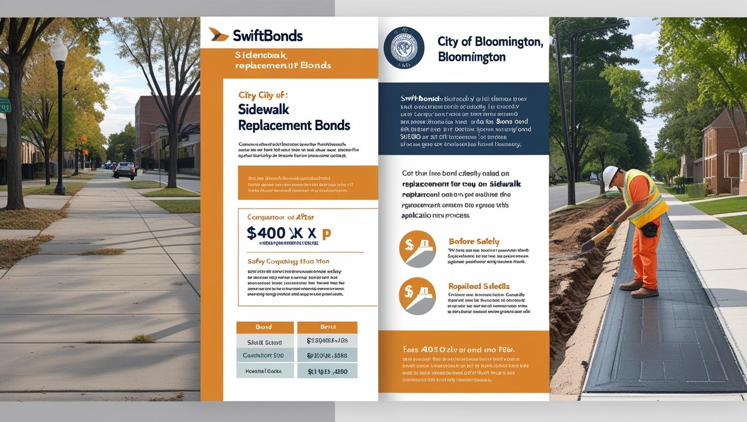 Sidewalk and construction imagery alongside an infographic explaining Bloomington sidewalk replacement bond costs and safety standards.