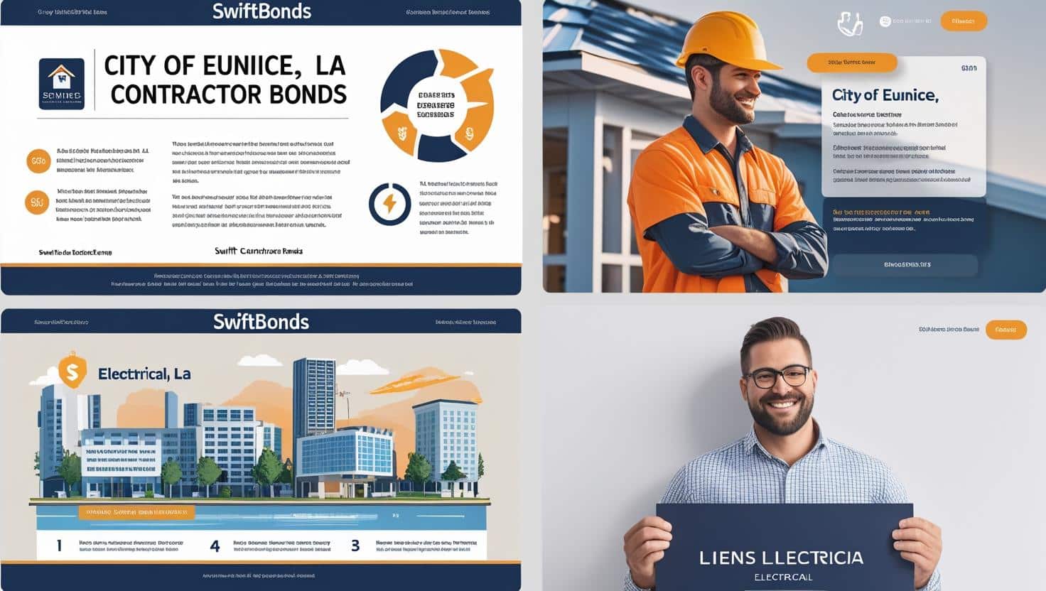 Infographic and photo collage presenting City of Eunice, LA contractor bond details and licensing information.