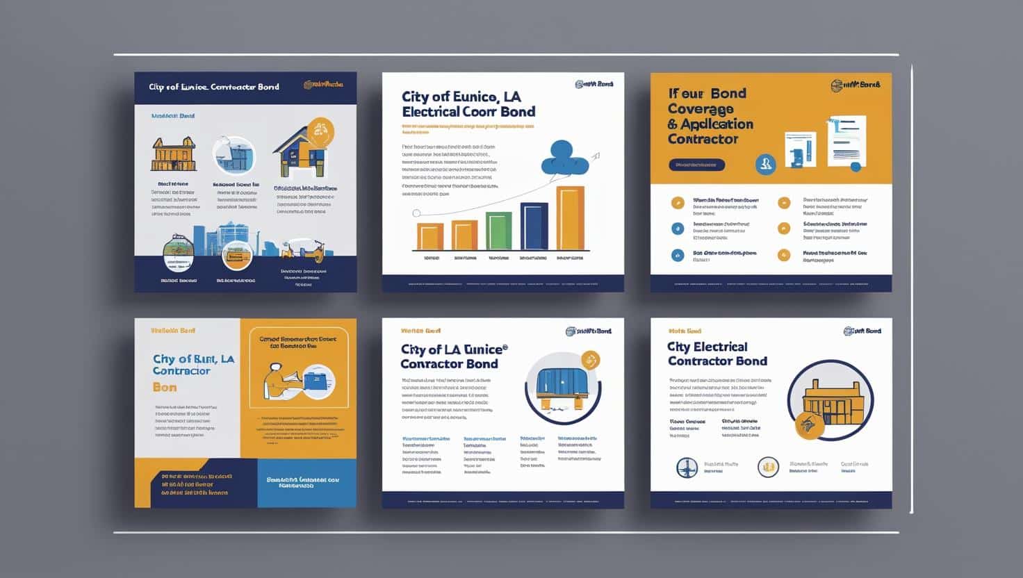 Multi-panel infographic showing City of Eunice, LA electrical contractor bond benefits, compliance, and application process.