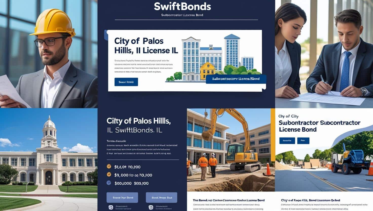 Professional and construction-related visuals promoting the City of Palos Hills, IL subcontractor license bond.