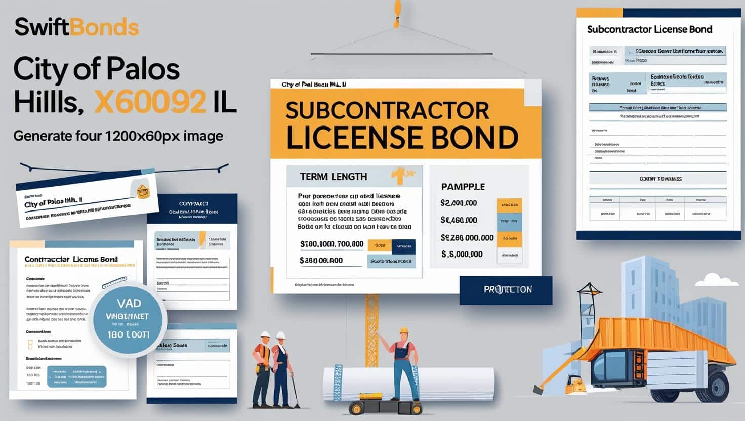 Infographic detailing the City of Palos Hills, IL subcontractor license bond requirements and costs.