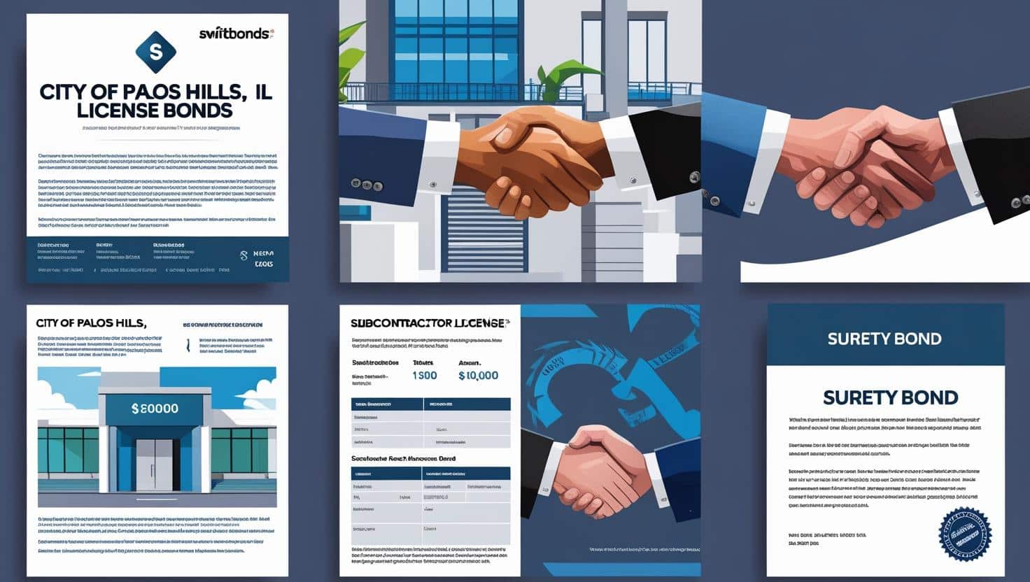 Visual layout showing handshake agreements and official documents for the City of Palos Hills, IL license bonds.