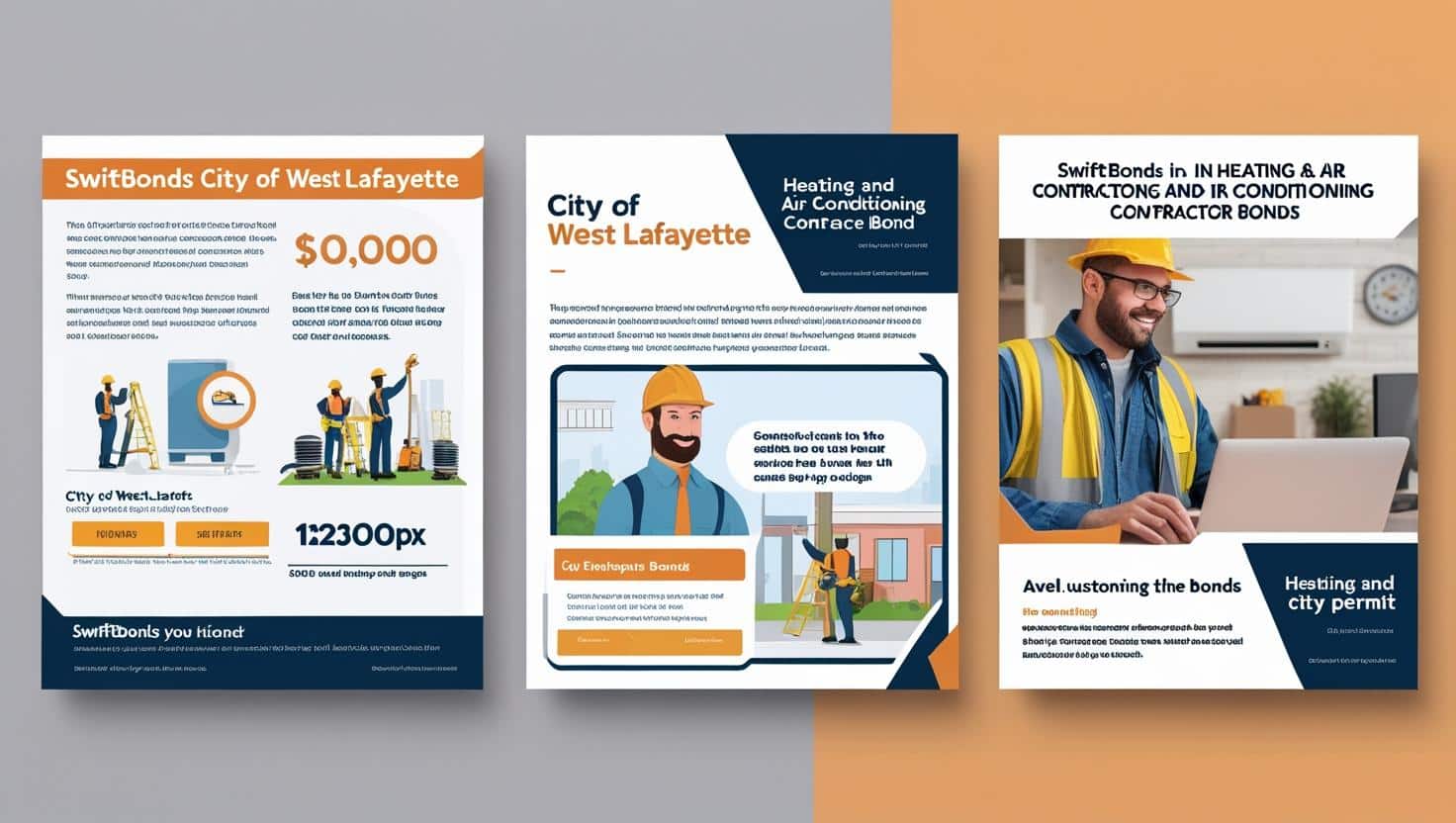 Tri-fold style layout showcasing West Lafayette heating and air conditioning contractor bond requirements with illustrations.