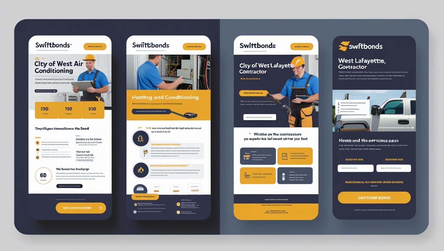 Digital mockup of SwiftBonds’ West Lafayette air conditioning contractor bond webpage layout with images and key stats.