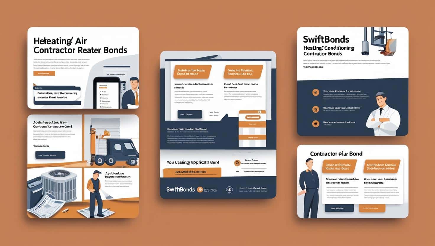 Multiple webpage designs for heating and air conditioning contractor bonds featuring graphics and informational sections.