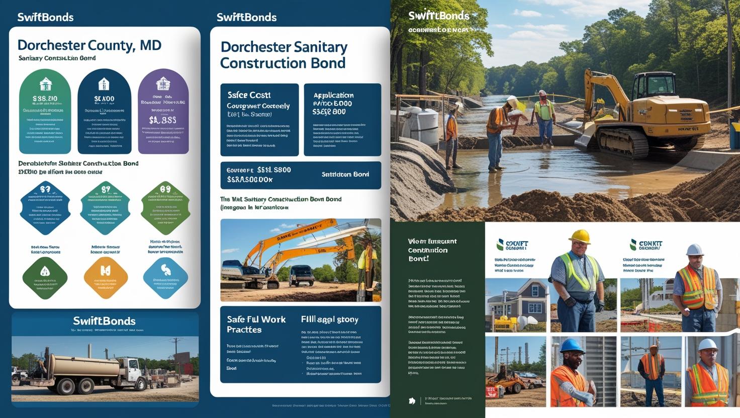 Infographic and fieldwork visuals explaining the Dorchester County, MD Sanitary Construction Bond with costs, requirements, and safety practices.