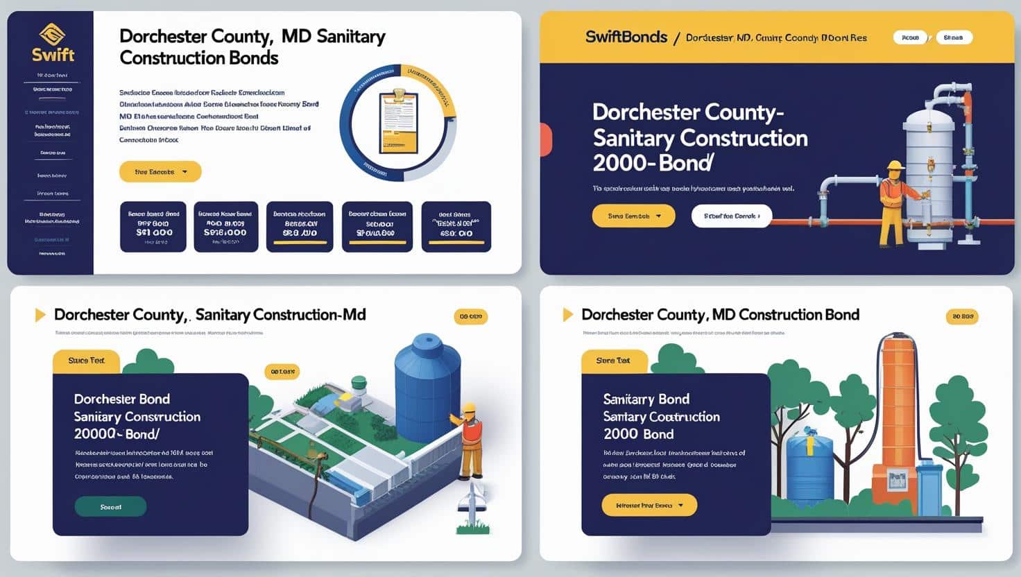 Modern infographic layouts showing Dorchester County, MD sanitary construction bond features, application details, and contractor obligations.