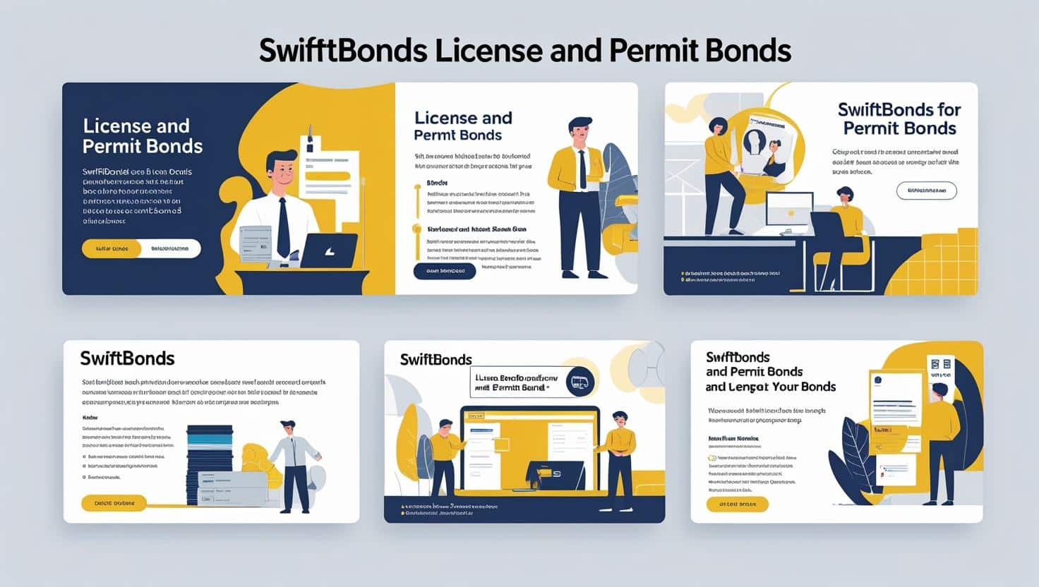 Infographic showing SwiftBonds license and permit bond services with illustrations of professionals and digital forms.