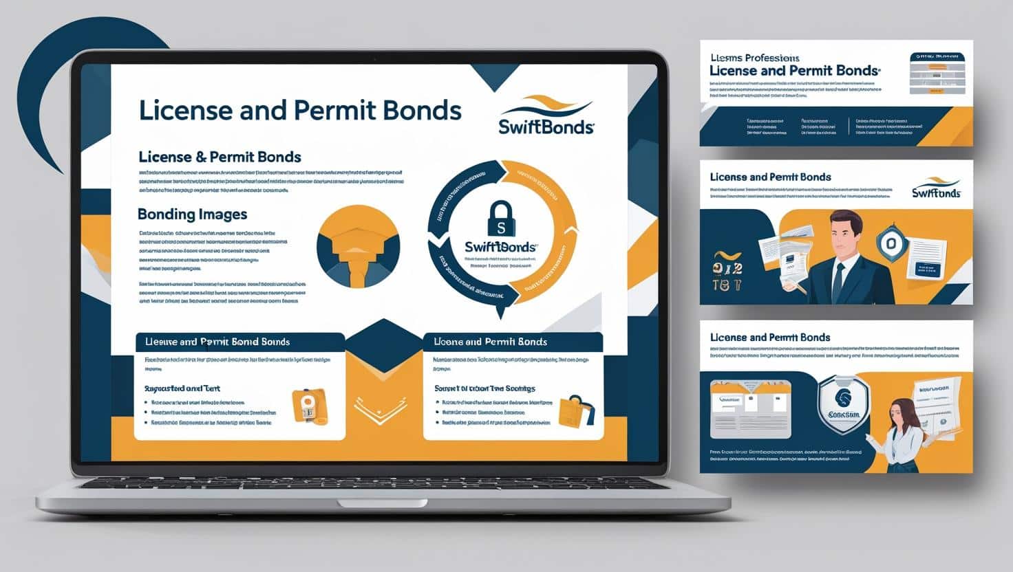 Laptop and posters displaying SwiftBonds license and permit bonds details with icons and business graphics.
