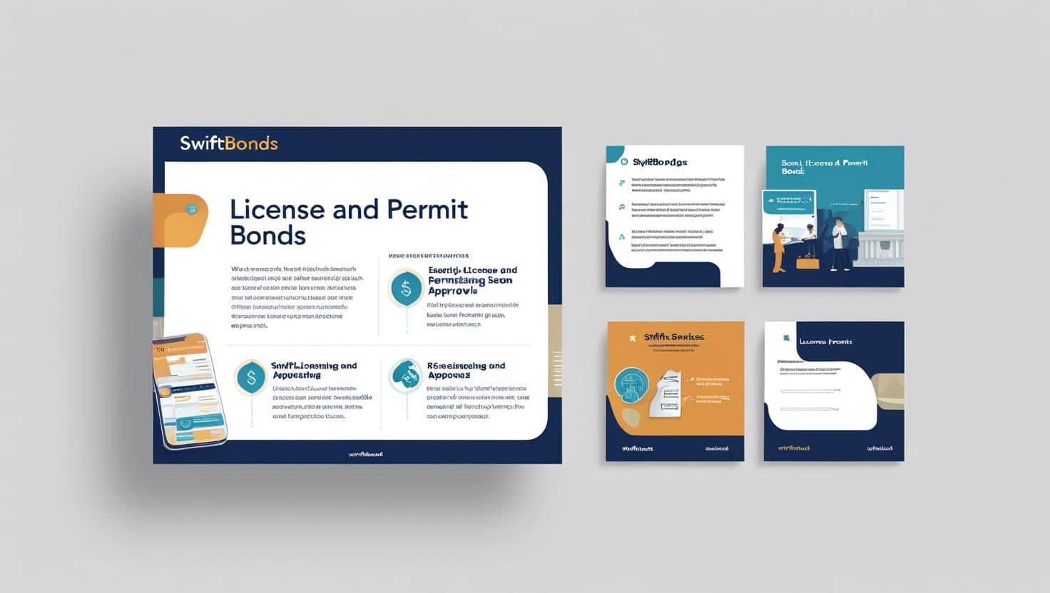 SwiftBonds informational graphics explaining license and permit bonds with step-by-step application visuals.