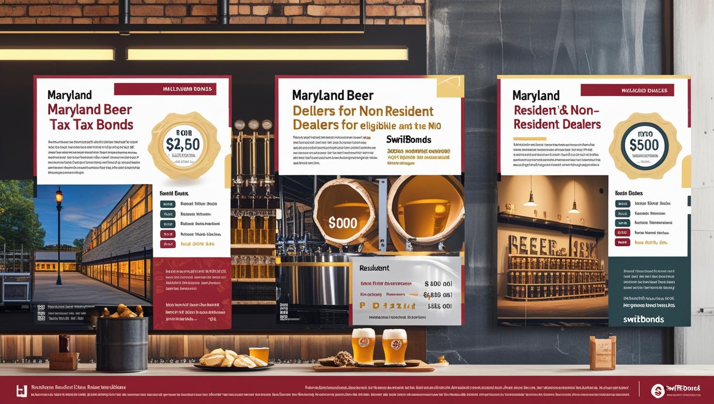 Infographic detailing Maryland Beer Tax Bonds requirements for resident and non-resident dealers with visuals of breweries and beer taps.