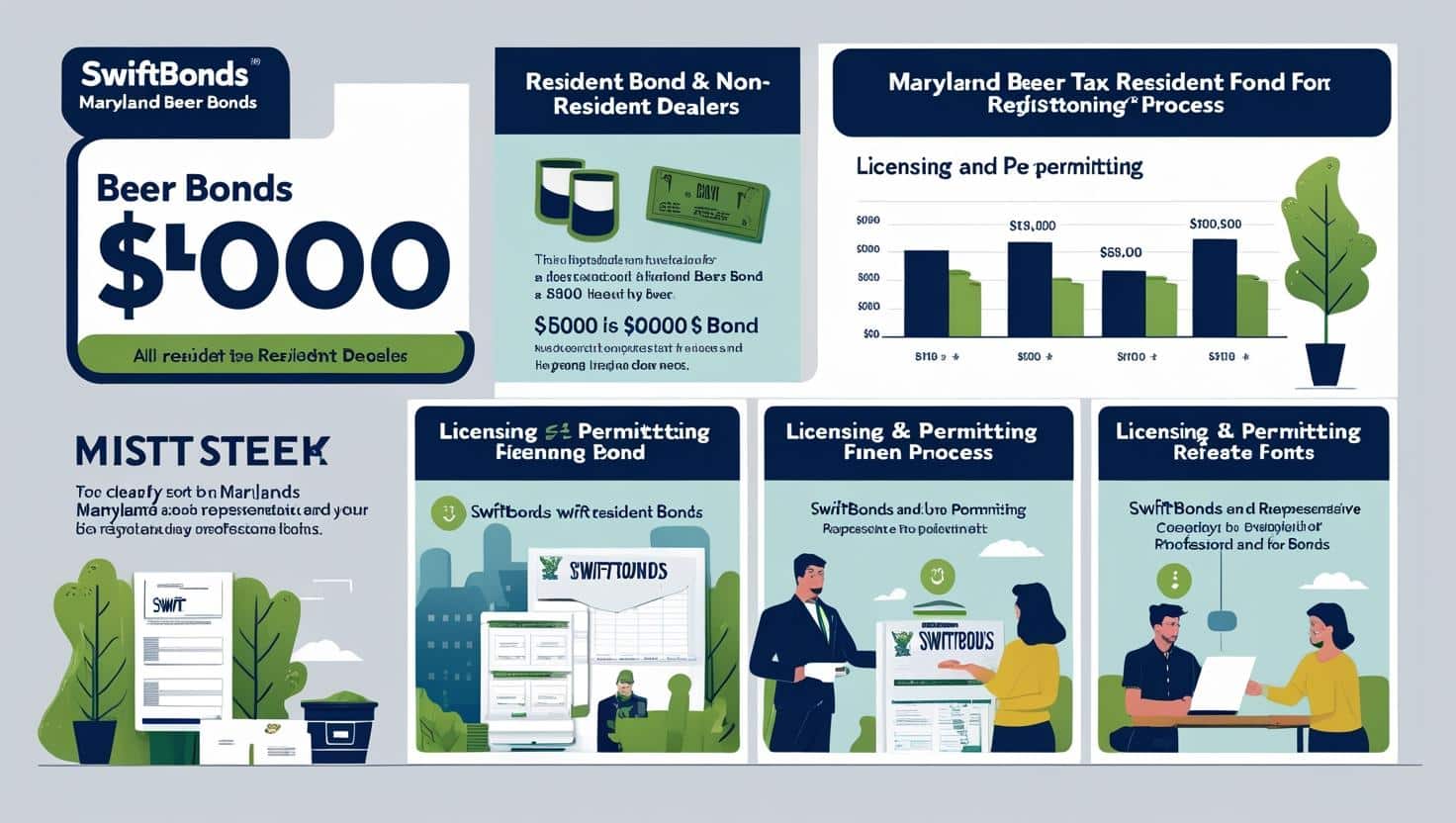 Illustrated infographic explaining Maryland Beer Bonds licensing, permitting, and resident dealer requirements with charts and graphics.