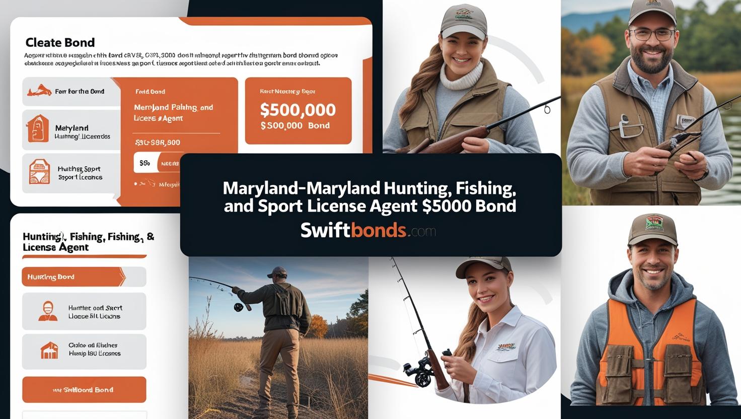 Collage featuring Maryland hunting and fishing bond requirements alongside smiling licensed agents and outdoor activities.
