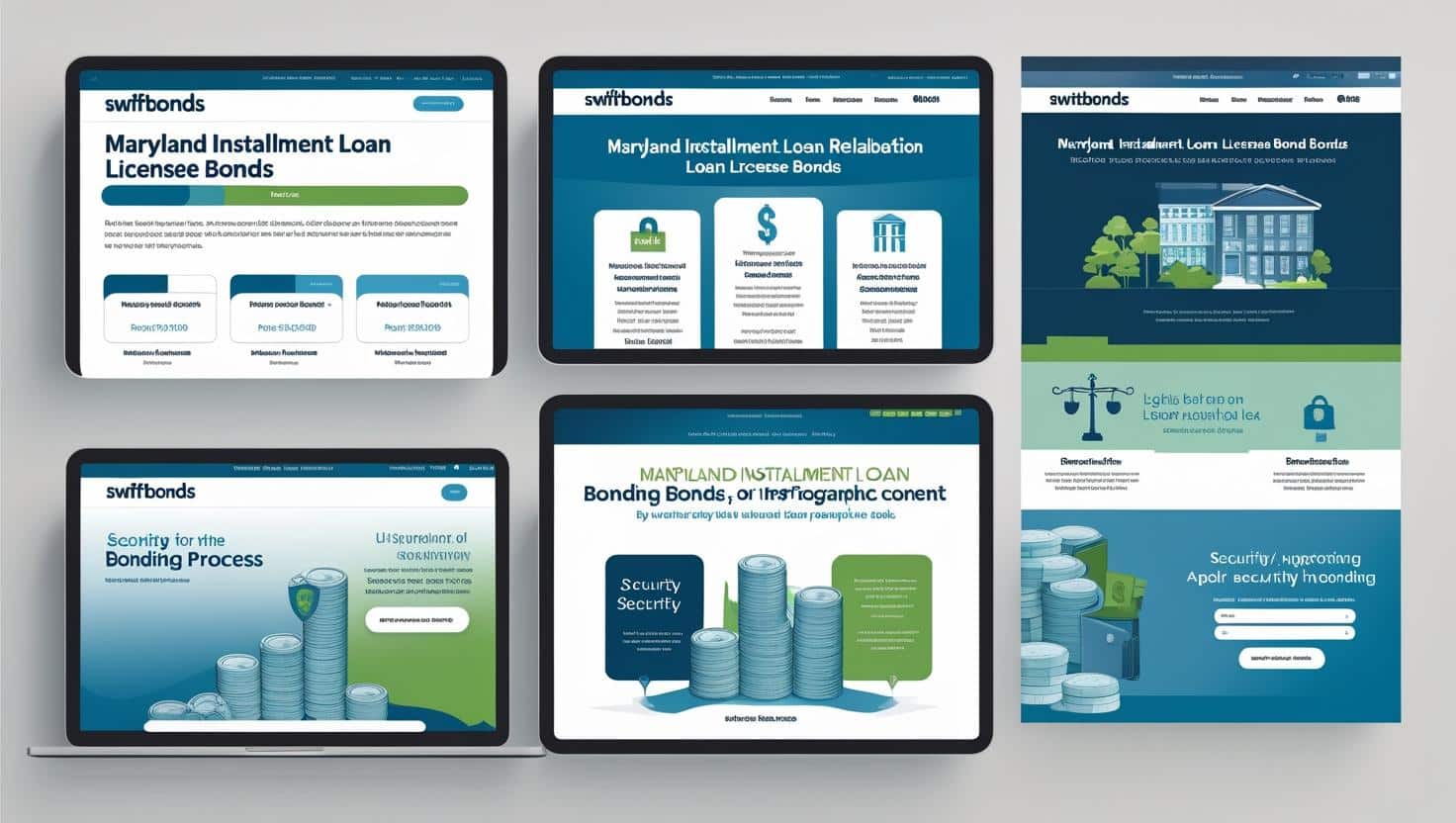 Web-style layouts explaining the Maryland Installment Loan Licensee Bonding process and requirements.