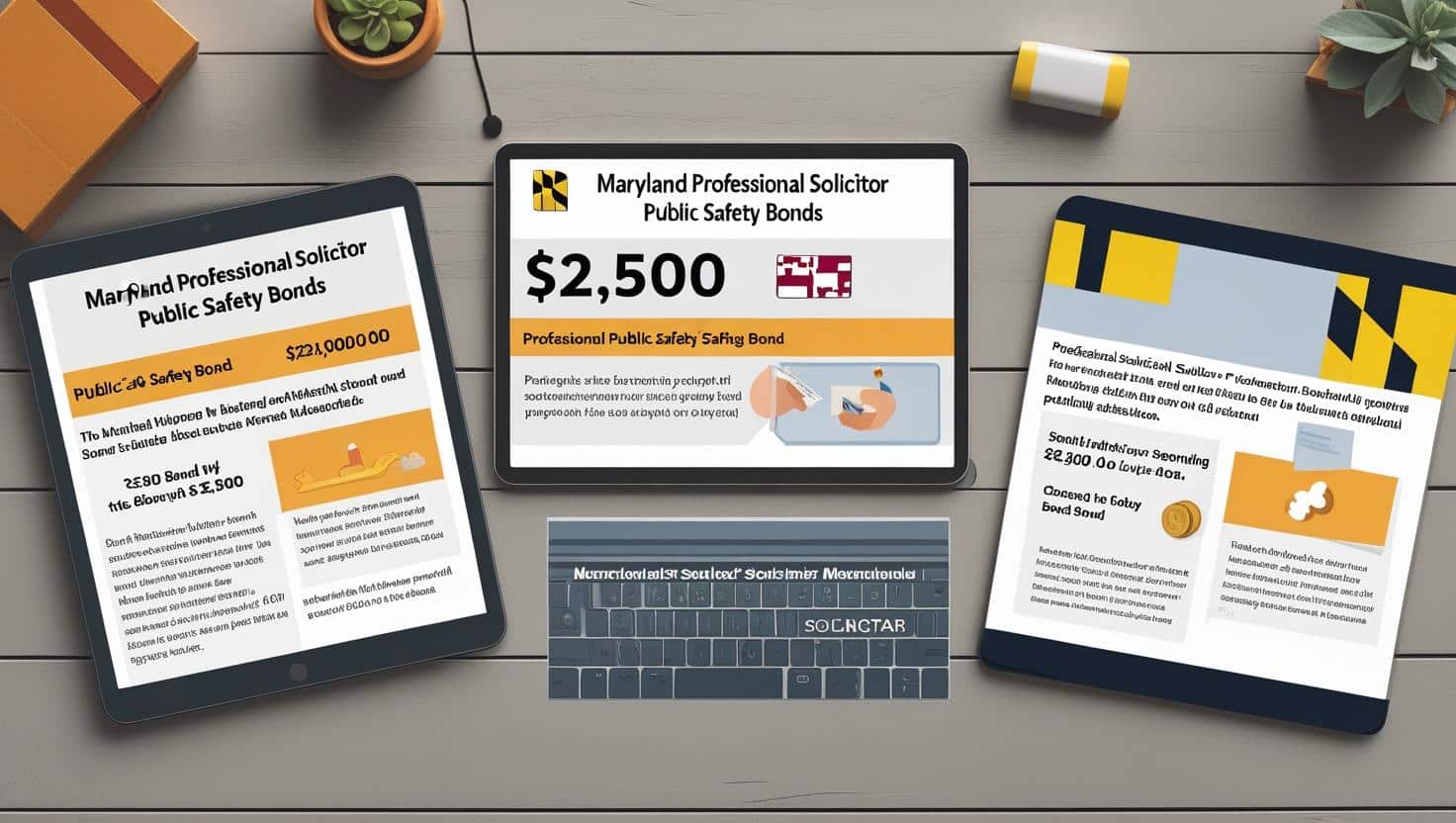 Tablet and document-style infographic explaining Maryland Professional Solicitor Public Safety Bonds with bond values and licensing rules.