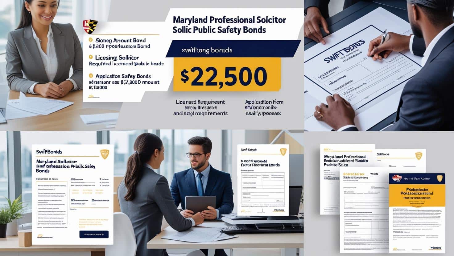 Infographic showing Maryland Professional Solicitor Public Safety Bonds with licensing requirements, bond amounts, and application details.