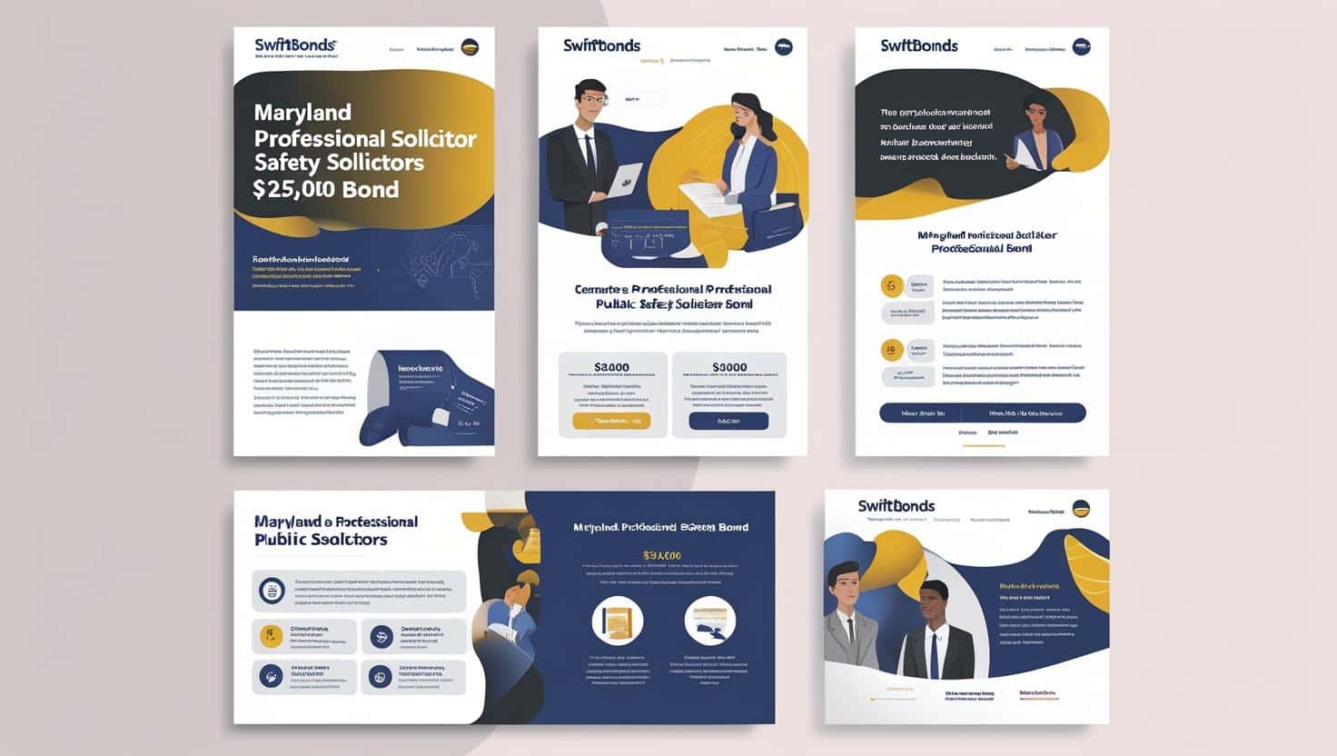 Webpage-style infographic detailing Maryland Professional Solicitor Safety Solicitors ,000 Bond with application process and requirements.
