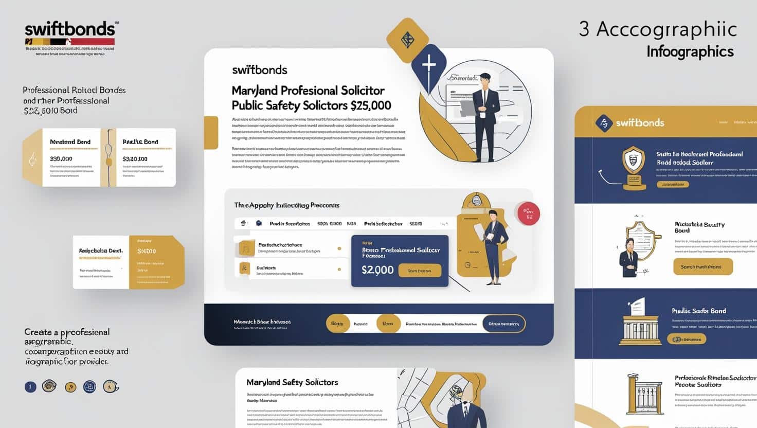 Visual infographic highlighting Maryland Professional Solicitor Public Safety Solicitors ,000 Bond with bond types and compliance steps.