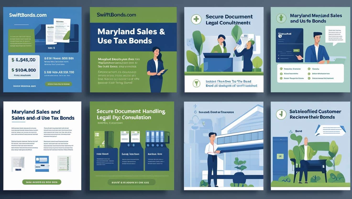 Illustrated infographic on Maryland Sales and Use Tax Bonds with secure document handling and customer satisfaction themes.