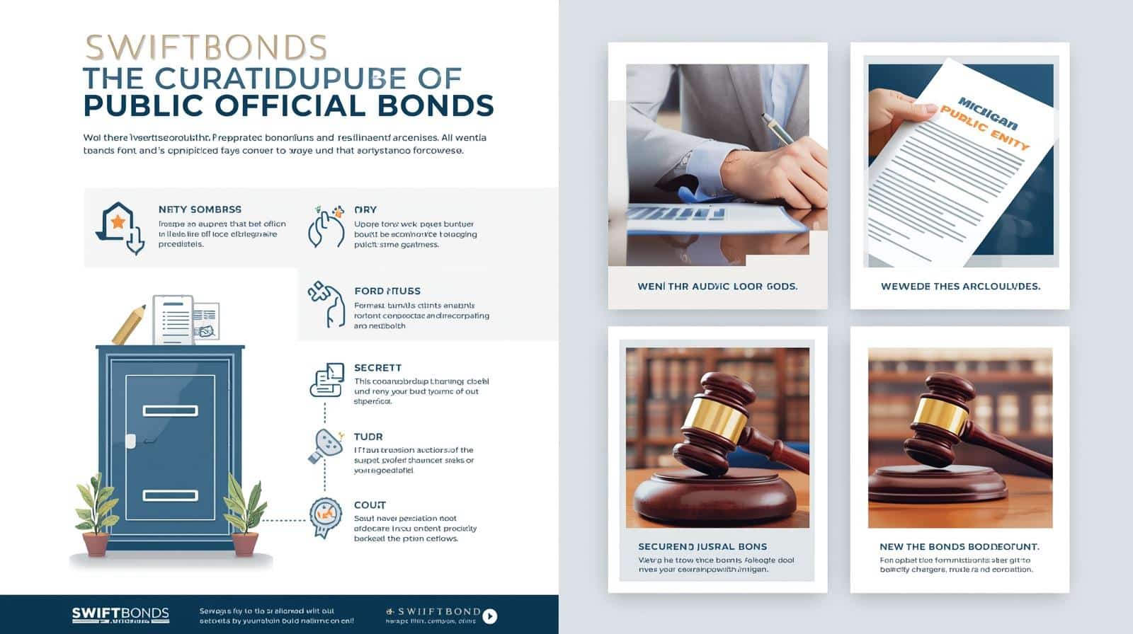 Public Official Bond infographic featuring legal safeguards, bond conditions, and judicial symbols including gavels and documents.