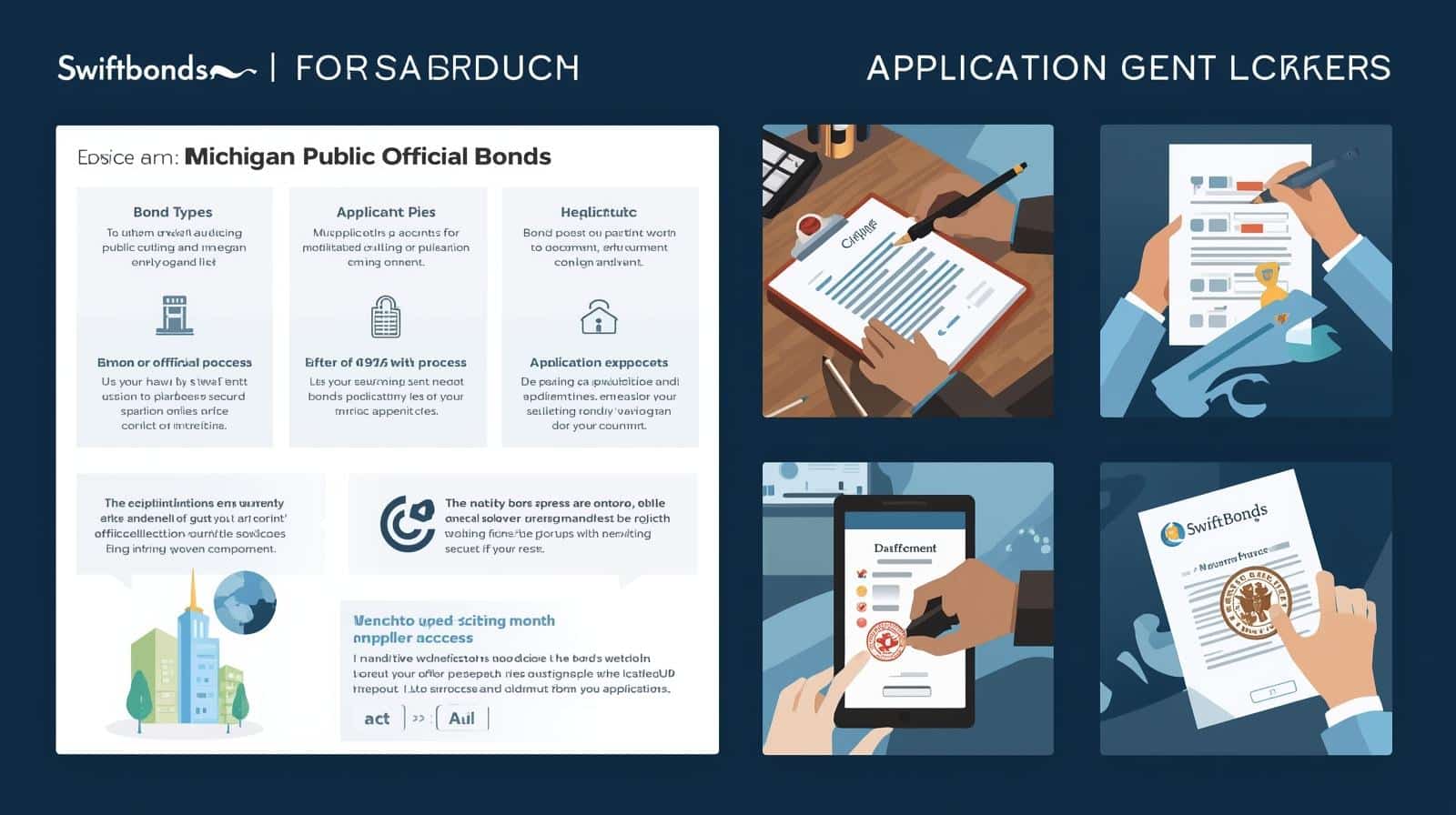 Infographic illustrating Michigan Public Official Bonds with sections on bond types, applicant process, and application steps.