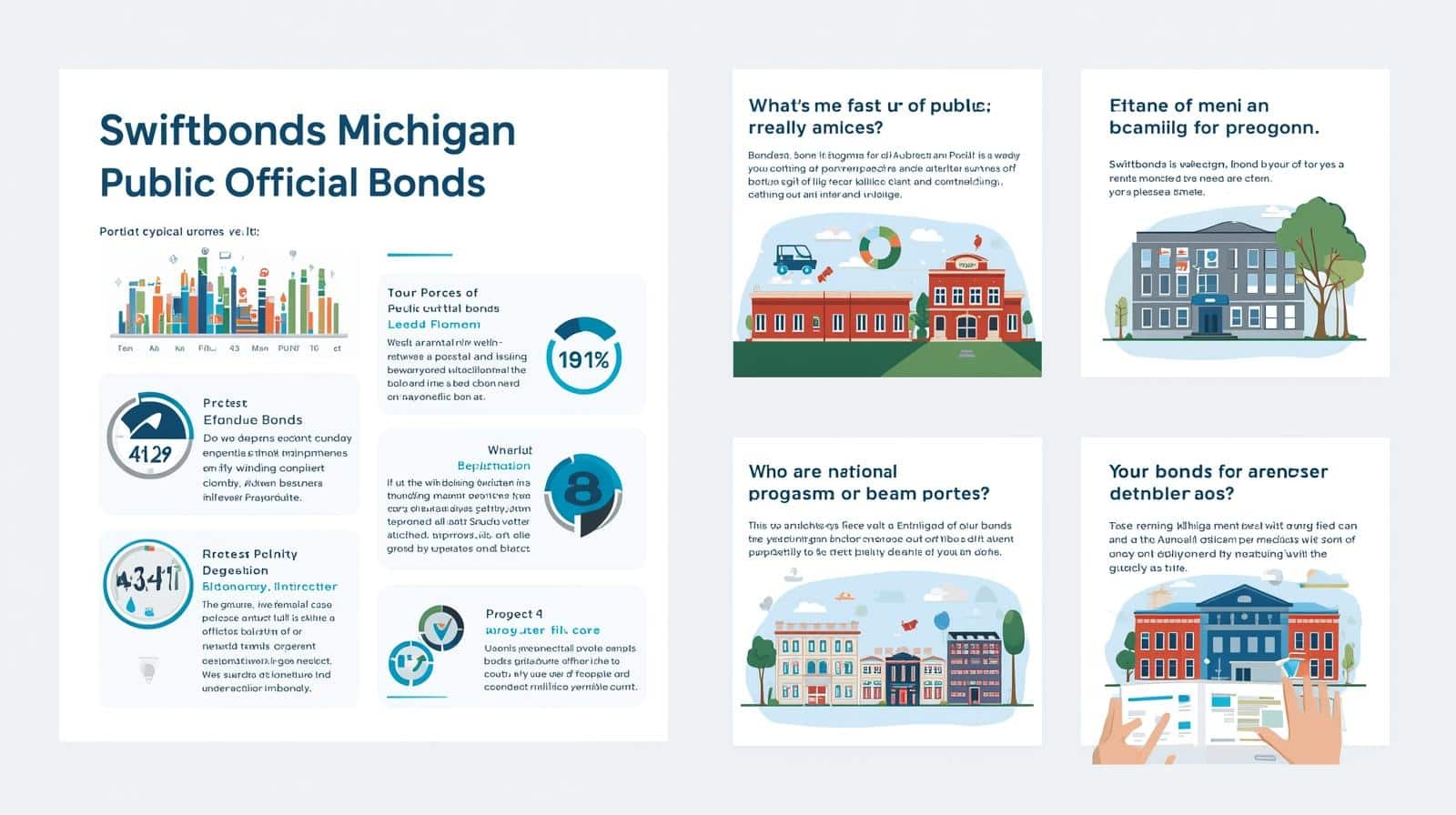 Visual guide showing benefits, processes, and community roles of Michigan Public Official Bonds with colorful icons and buildings.
