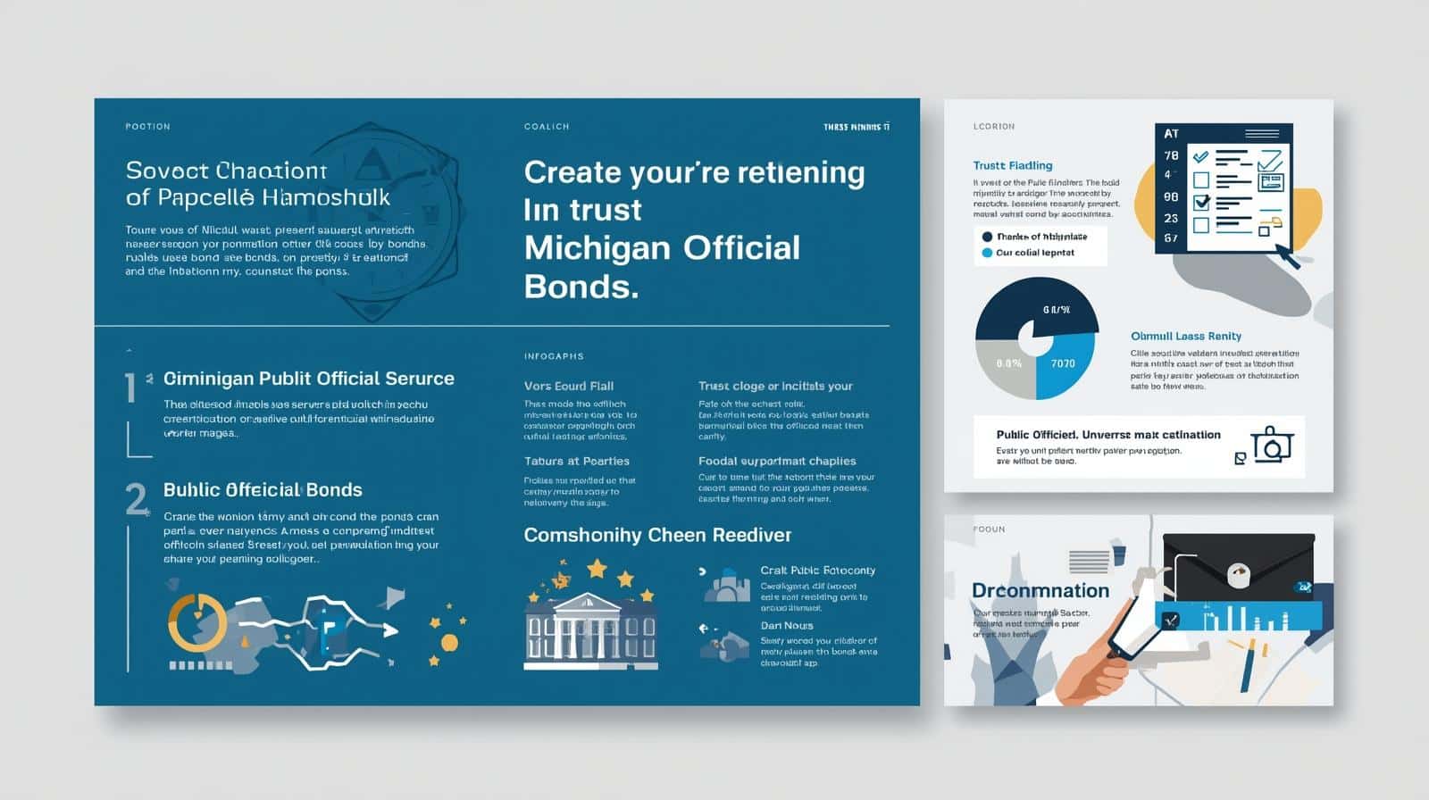 Blue-toned infographic detailing trust, responsibilities, and protections of Michigan Public Official Bonds with charts and icons.