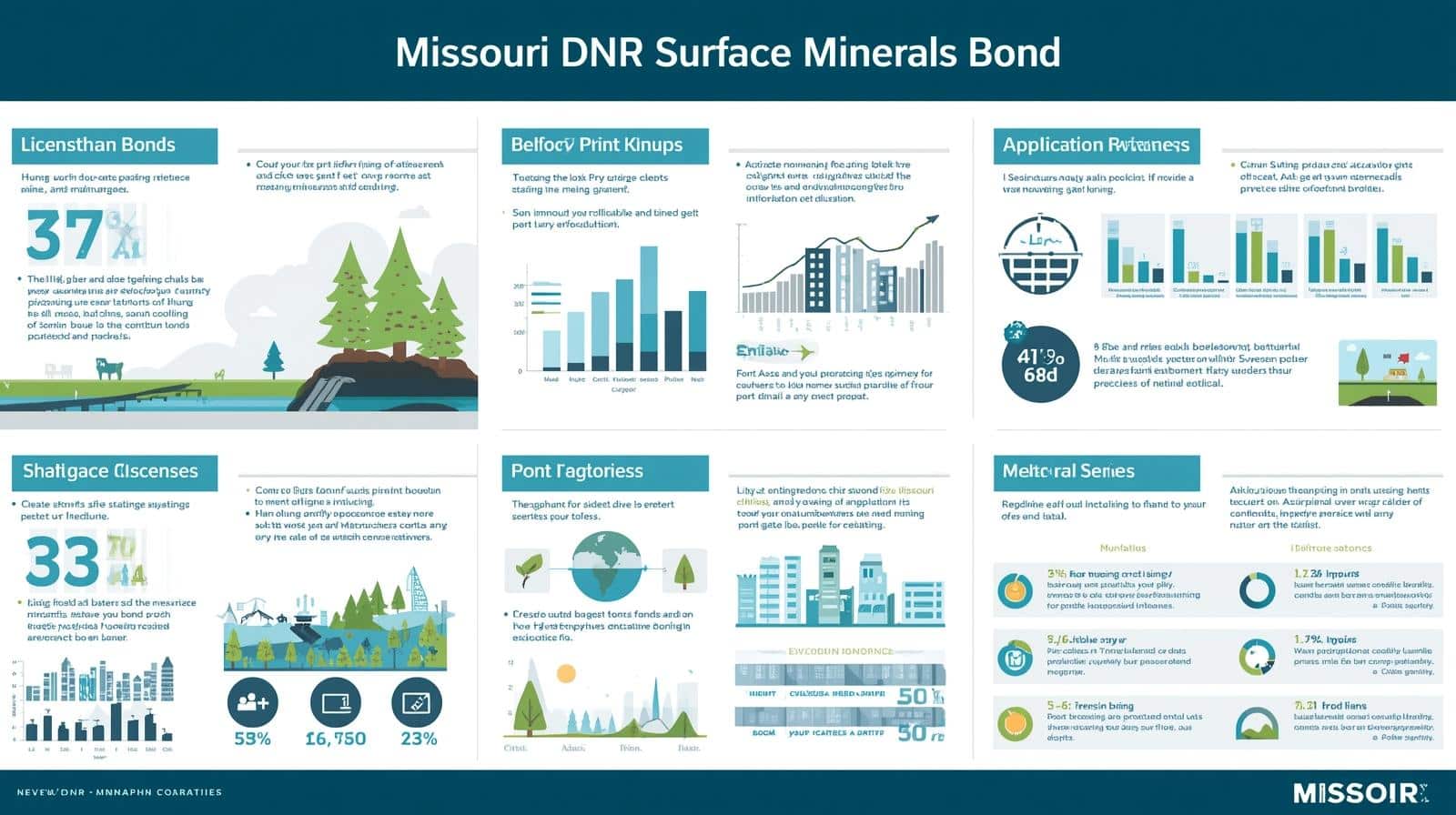Missouri DNR Surface Minerals Bond dashboard showing licensing, applications, and compliance data across six categories with charts, percentages, and geographic information.