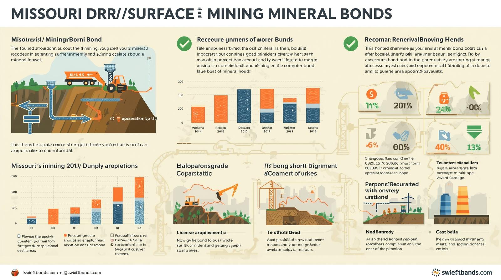 Missouri DNR surface mining mineral bonds infographic displaying bond types, renewal processes, and various mining-related statistics with charts and illustrations.